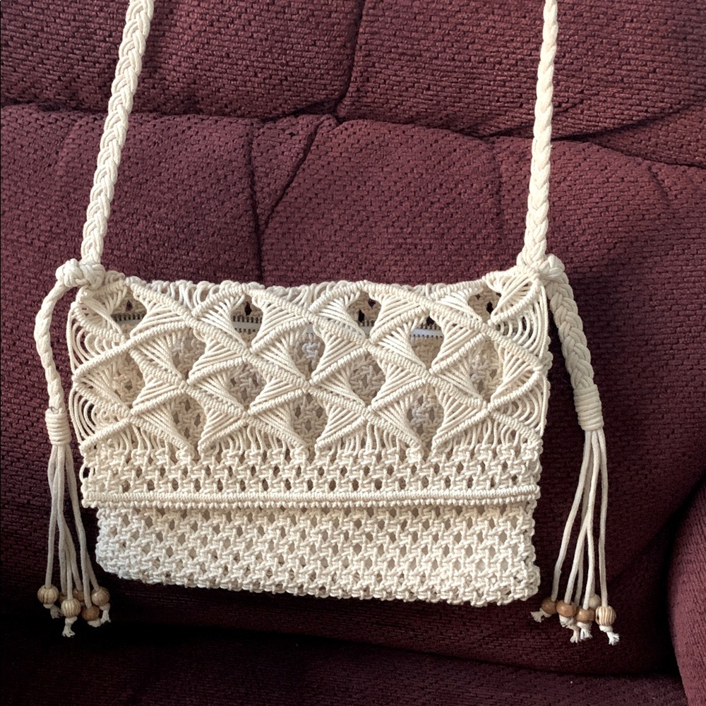 Elegant Cream Macramé Boho Crossbody Shoulder Bag with Beaded Tassels Zip Close - Picture 11 of 11